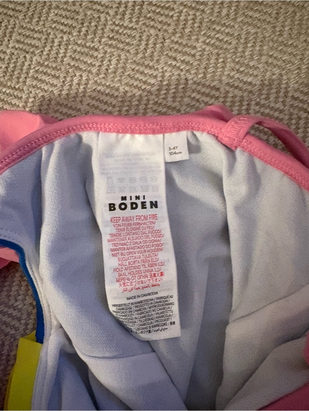 Mini Boden Pink and Blue Colorblock fruit swimsuit